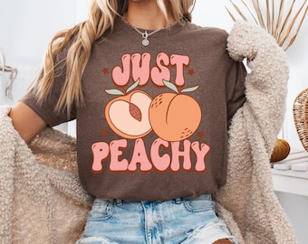 Retro Just Peachy Graphic Tee Shirt: Vintage Style Cotton Top, Casual Wear