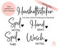 Household stickers | Dishwashing liquid | Hand soap | Laundry detergent | Dishwasher tablets | Shampoo | Shower gel | Custom stickers
