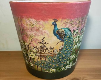 Plant pots,Plant planter,Ceramic pot,Decoupage,Planter and pot,Flower pots,Indoor pots,Outdoor pots,Garden pot,Pot and saucer,Peacock,Gift