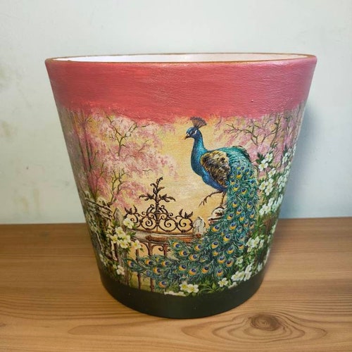 Large plant pot,Plant planter,Ceramic pot,Decoupage,Planter and pot,Flower pots,Indoor pots,Outdoor pots,Gift,Garden pot,Peacock,Saucer