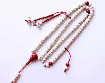 Natural White Moon and Star Bodhi Seeds (6x8mm) Mala | With 97/90% Genuine Purple Cinnabar Guru Bead / Mala Counter | Tibetan Buddhism Mala