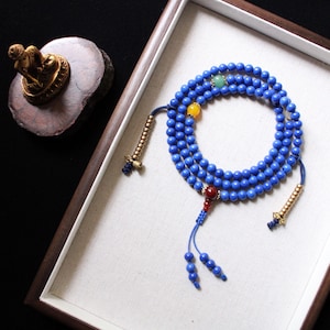 Blue Jasper Mala Necklace: Copper Counters, Buddhist Prayer Beads