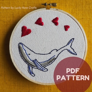 Whale Hearts, Hand Embroidery Pattern, PDF Download, Beginner Friendly, DIY Craft, printable pattern, customizable dolfin ocean colorful