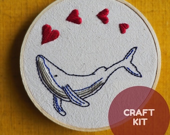 Whale Hearts, Beginner Embroidery Kit, Craft Kit, Beginner Friendly, DIY Craft, Starter embroider kit, dolphin ocean colorful gift