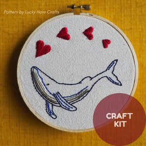 Whale Hearts, Beginner Embroidery Kit, Craft Kit, Beginner Friendly, DIY Craft, Starter embroider kit, dolphin ocean colorful gift image 1
