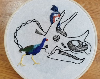 Triceratops Evolution Embroidery, Gallinule and Kingfisher Art, Dinosaur and Bird hand embroidery decor
