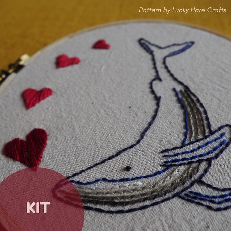 Whale Hearts, Beginner Embroidery Kit, Craft Kit, Beginner Friendly, DIY Craft, Starter embroider kit, dolphin ocean colorful gift image 5