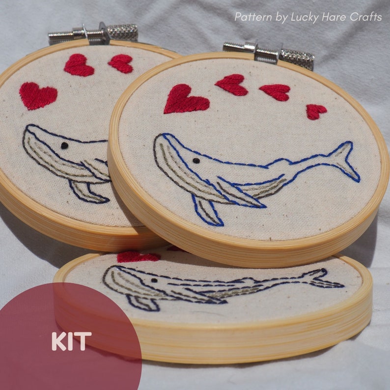 Whale Hearts, Beginner Embroidery Kit, Craft Kit, Beginner Friendly, DIY Craft, Starter embroider kit, dolphin ocean colorful gift image 3