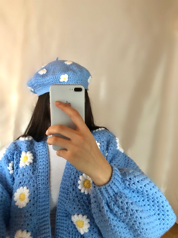 Flower Crochet Cotton Cardigan カーディガン Women Y2k Cute Crochet Cardigans Flower Embroidery Long