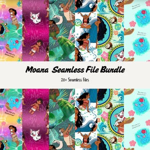 May include: A digital download bundle of 20+ seamless patterns featuring Moana characters, including Moana, Maui, Pua, and Hei Hei. The patterns are in a variety of colors, including blue, green, pink, and purple. The text "Moana Seamless File Bundle" and "20+ Seamless Files" is displayed on the image.