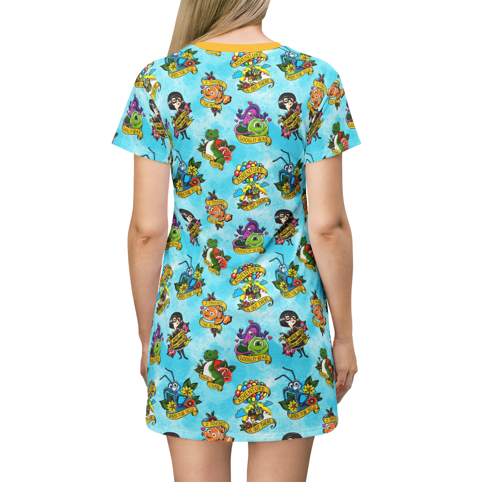 Character Tattoos Disney T-Shirt Dress, Cartoon Women's T-Shirt Dress