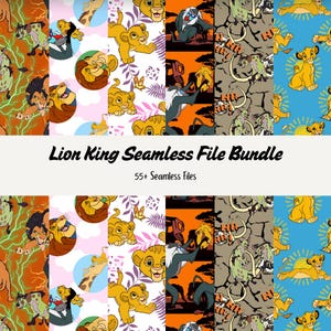 May include: A digital download bundle of 55+ Lion King themed seamless patterns. The patterns feature various characters from the movie, including Simba, Nala, Mufasa, Scar, and Pumbaa. The patterns are in a variety of colors, including orange, yellow, blue, green, and brown.