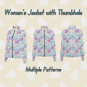 May include: A women's jacket with a zipper closure and thumbholes. The jacket has a colorful, all-over print with a cartoon design. The text "Multiple Patterns" is displayed below the image.