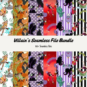 May include: A digital collage of seamless patterns featuring Disney villains. The patterns include Scar from The Lion King, Ursula from The Little Mermaid, Captain Hook from Peter Pan, and Maleficent from Sleeping Beauty. The text "Villain's Seamless File Bundle" and "100+ Seamless Files" is displayed at the top of the collage.