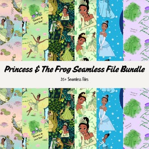 Puede incluir: Una descarga digital de más de 35 patrones sin costuras con Tiana de La Princesa y el Sapo de Disney. Los patrones incluyen a Tiana en varias poses, ranas, nenúfares y el texto "Dreams do come true".