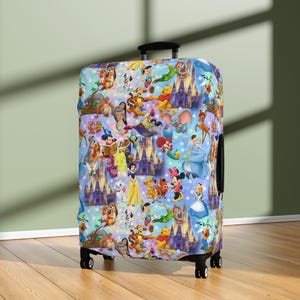 May include: A rolling suitcase with a vibrant pattern of cartoon characters and castles. The design includes characters such as Mickey Mouse, Cinderella, and Winnie the Pooh, set against a light blue backdrop.