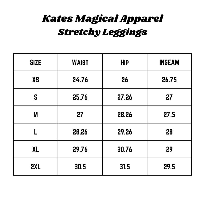May include: A size chart for stretchy leggings, showing waist, hip, and inseam measurements in inches for sizes XS to 2XL.