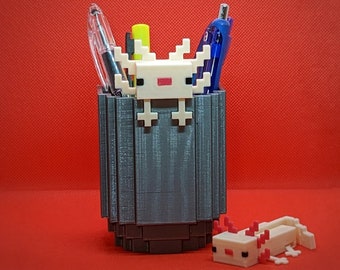 Minecraft-inspired Axolotl in a Bucket Pencil Holder 4 inch tall