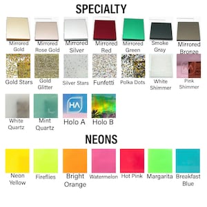 May include: A colour chart showcasing acrylic colours, including mirrored, glitter, and neon options. The chart is divided into Specialty and Neon categories, with a variety of colours like gold, silver, red, green, and bright orange.