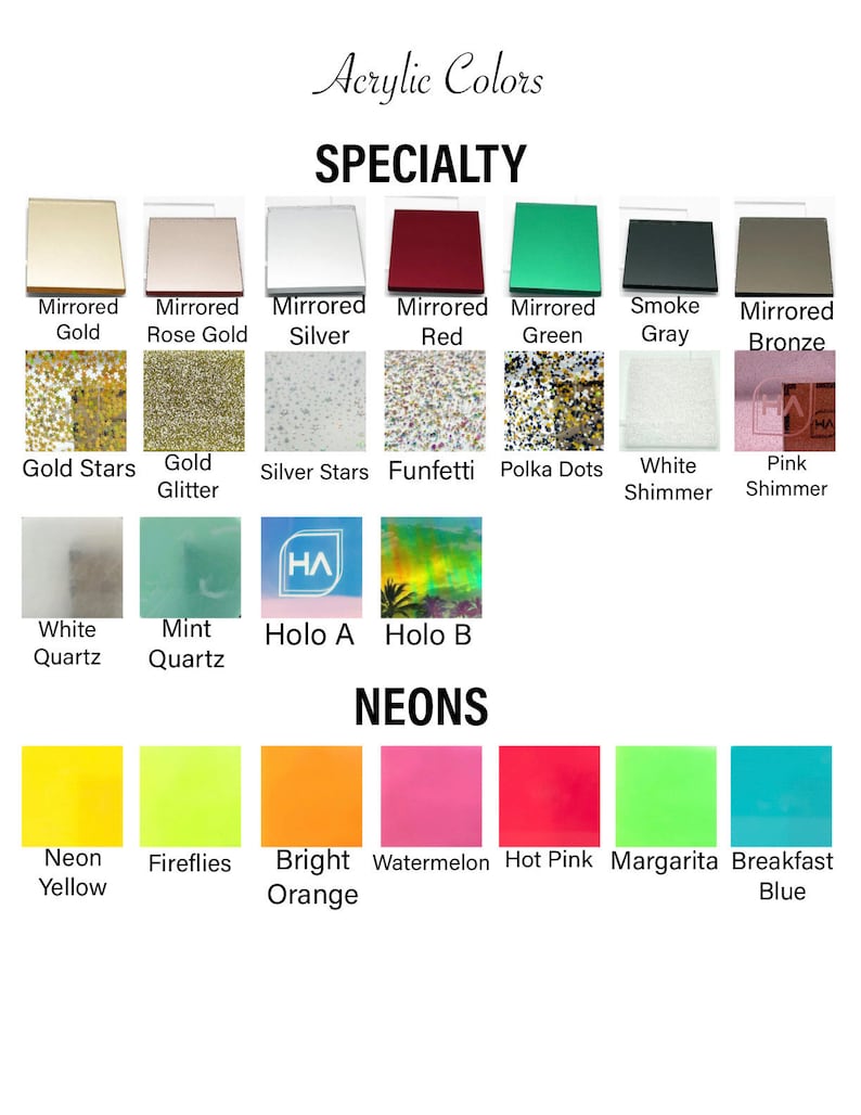 May include: A colour chart showcasing acrylic colours, including mirrored, glitter, and neon options. The chart is divided into Specialty and Neon categories, with a variety of colours like gold, silver, red, green, and bright orange.