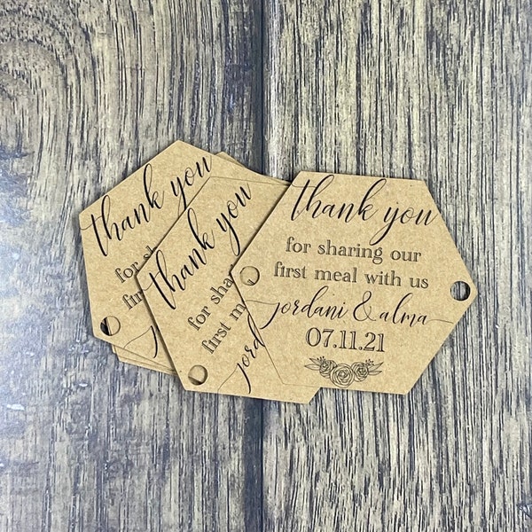 Wedding favor tag - Thank you for sharing our first meal with us tag - Wedding dinner tags - Napkin tags - Hexagon tags - QTY 25