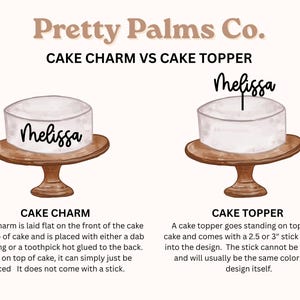 May include: An illustrated comparison of a cake charm and a cake topper. The cake charm lies flat, the topper has a stick. Both feature a cake on a brown stand with "Melissa" written on them. The text "Pretty Palms Co." is at the top.