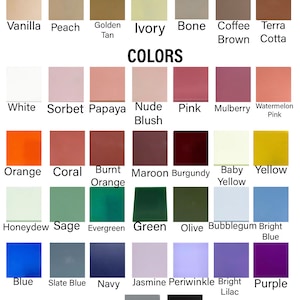 May include: A colour chart showcasing a range of shades, including neutrals like Vanilla, Ivory, and Bone, and vibrant colours such as Orange, Blue, and Purple. The text "NEUTRALS" and "COLORS" are at the top.