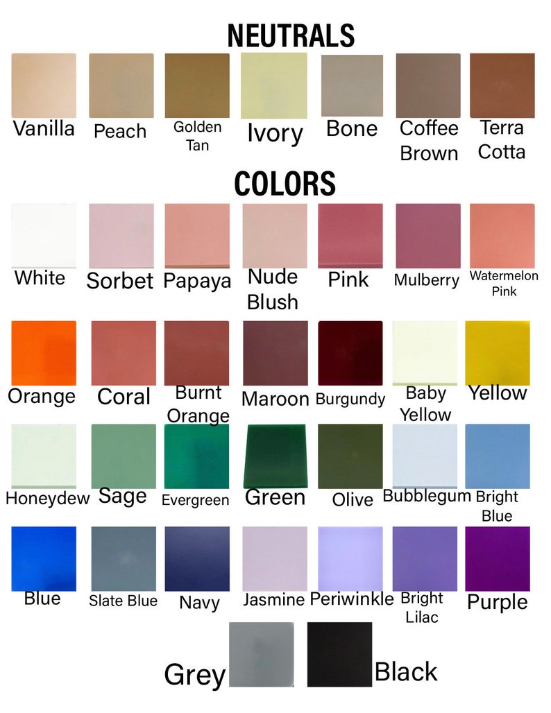 May include: A colour chart showcasing a range of shades, including neutrals like Vanilla, Ivory, and Bone, and vibrant colours such as Orange, Blue, and Purple. The text "NEUTRALS" and "COLORS" are at the top.