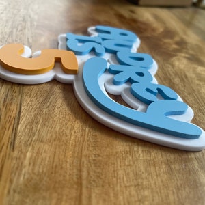 May include: A layered sign with the words "5 more" in a playful font. The sign features a white base, light blue lettering, and an orange number 5. The sign is on a wooden surface.