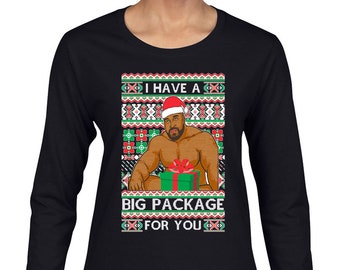 Ugly Christmas Sweater I have a Big package Meme Barry Wood Ugly ChristmasWomens Long Sleeves