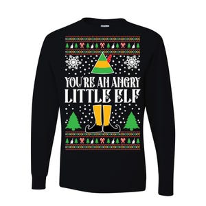 May include: Black long-sleeve shirt with a festive design. The shirt features the text "YOU'RE AN ANGRY LITTLE ELF" in white, along with an elf hat, yellow elf shoes, snowflakes, and Christmas tree graphics. The top border has a repeating pattern of Christmas trees and candy canes.