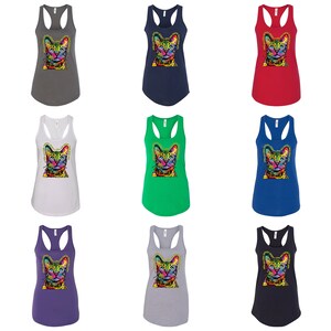 May include: A set of 10 tank tops featuring a colorful, abstract cat design. The tank tops are available in a variety of colors, including grey, navy, red, white, green, blue, purple, heather grey, and navy.