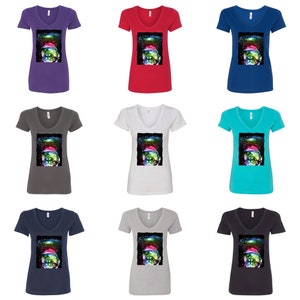 Astronaut lunar cat trippy neon space cat lover graphic womens v neck