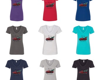 Ugly Christmas Merry Believe Christmas Red Pick up Truck Christmas Womens V Neck