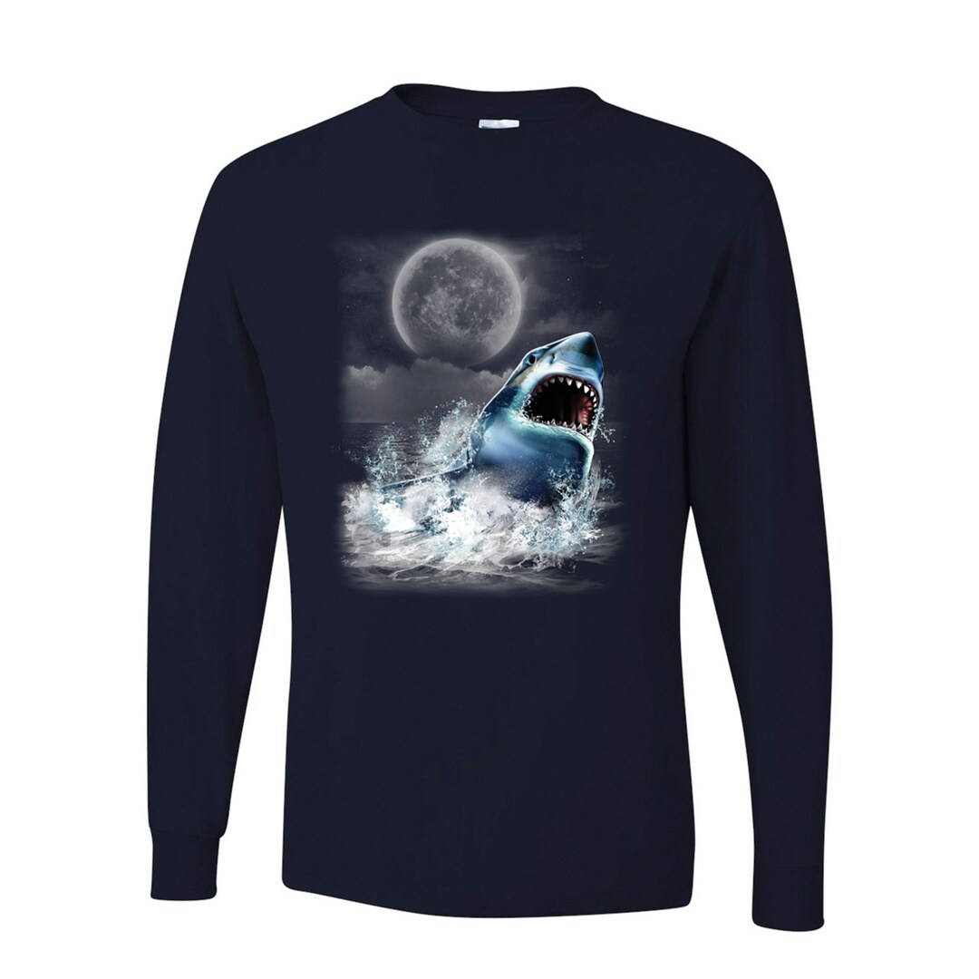 Great White Shark Species in Ocean and Moon Animal Lover Mens Long ...