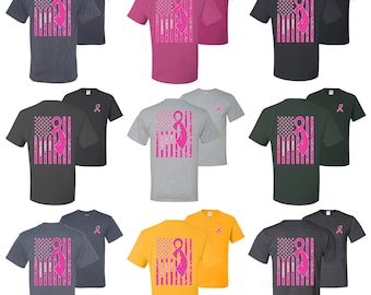 American flag breast cancer awareness front&back graphic mens t-shirts