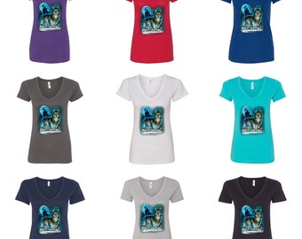 Wolf pack animal lover wolf howling at the full moon womens v neck