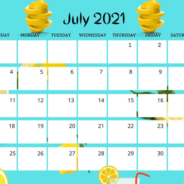 July 2021 Calendar, Colorful Calendar, Cute Summer Robin Blue Lemon Printable Summer Design, Wall Decor - Instant Download