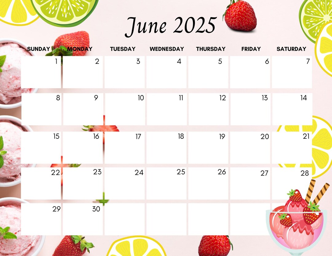 June 2025 Calendar, Cute, Colorful Calendar, Fresh Strawberries and Ice ...