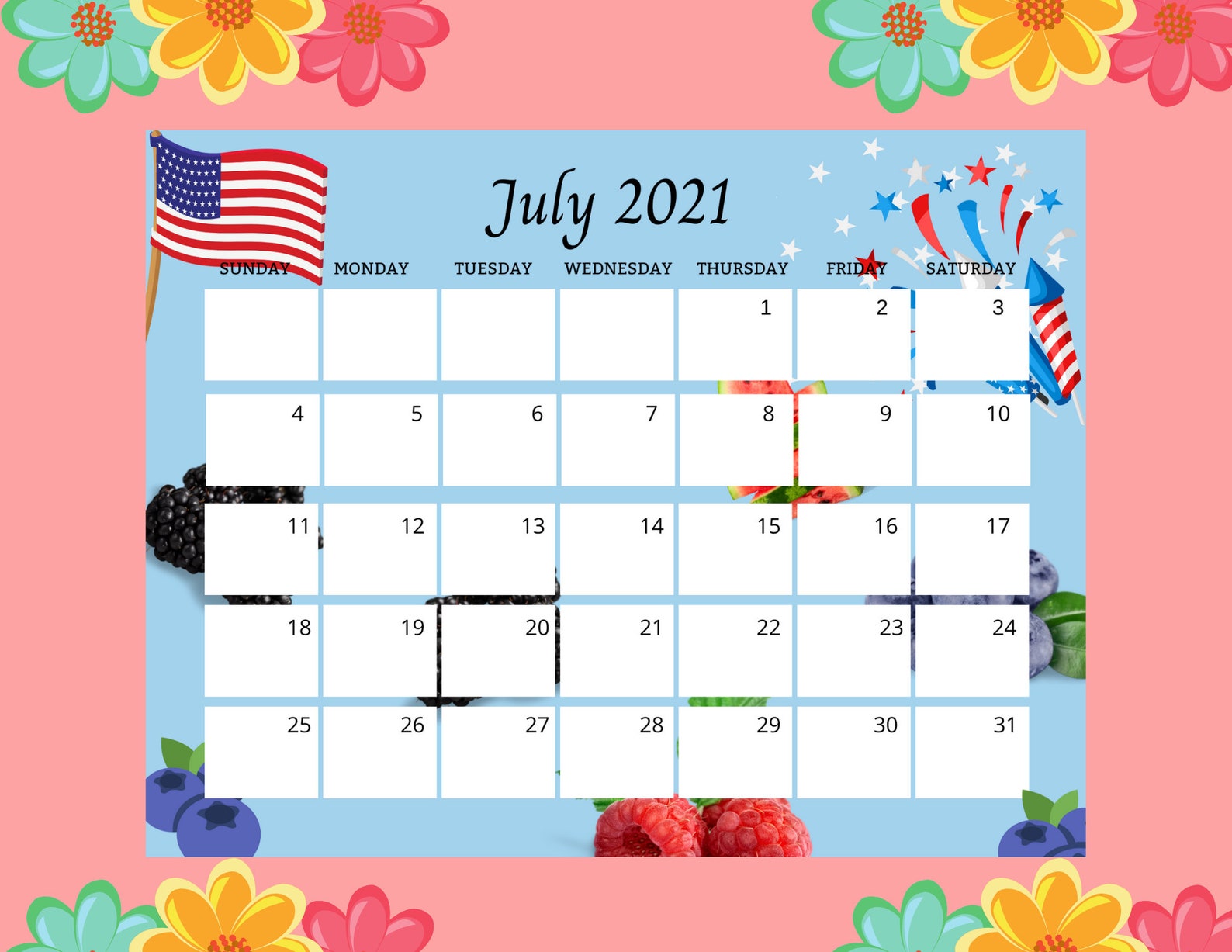 July 2021 Calendar, Cute, Summer Berry Printable Summer Design, Wall ...