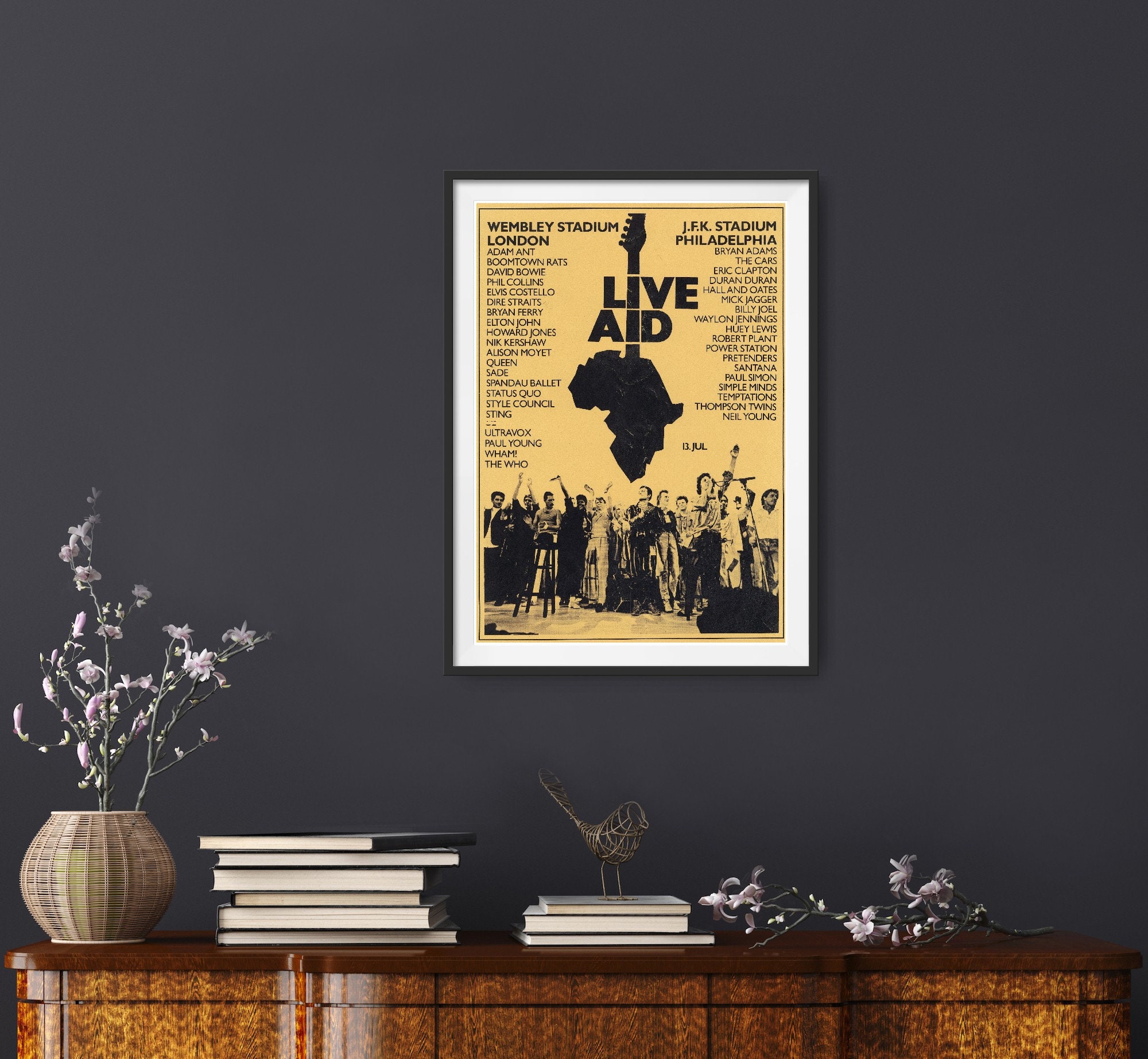 Discover Retro Style Live Aid Poster featuring Band names in London and Philadelphia Concerts 1985The Rolling Poster House