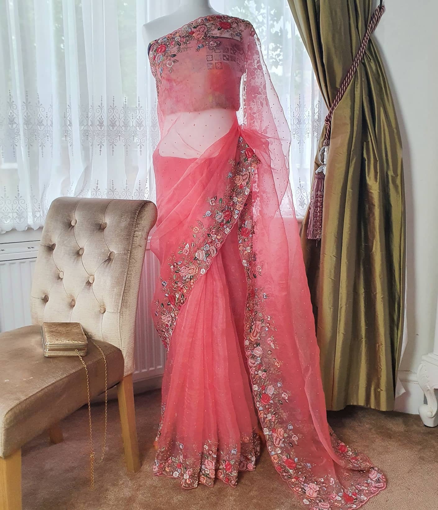 Hand Embroidered organza saree Etsy