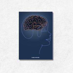 May include: A line drawing of a person's head with a brain inside. The brain is black and the head is outlined in blue. The background is dark blue. The text "studio arthropoda" is at the bottom of the image.