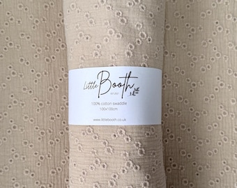 Beige Floral Embroidered Swaddle Blanket for Newborn, Gender Neutral Baby Breastfeeding Wrap, Handmade Newborn Present for First-Time Mums