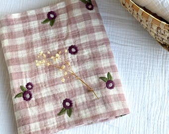 Pink blossom baby muslin square - Floral embroidered baby muslin -  Gingham flower muslin cloth - Large girly baby burp cloth - Baby muslin