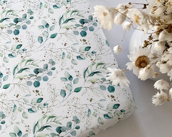 Sage eucalyptus leaf print fitted cot bed sheet for girl or boy, Neutral floral fitted cot bed sheet, Sage green baby bed sheets for cot bed