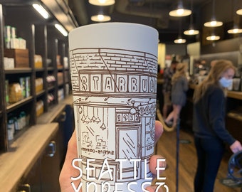The First Starbucks Pike Place Storefront Soft Touch Ceramic Tumbler 12 oz