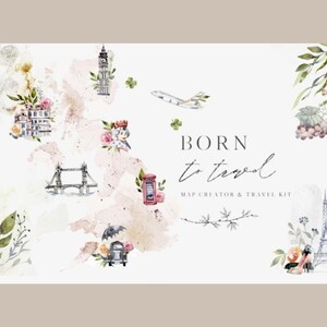 Ensemble de conception d'aquarelle de créateur de carte | Belle illustration | Créateur de carte de mariage | Icônes de carte | Voyage | Art d'impression Wanderlust | Décoration murale