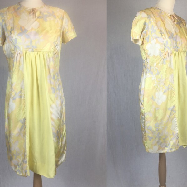 EU40 UK12 Jaune et Lilas vintage des années 1960 Robe Imprimé Fleur