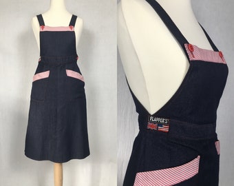 EU34 UK6 Vintage Denim Pinafore Dress with Red and White Stripe Details